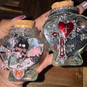 Heart-Shaped Glass Jars with Silver and Red Charms